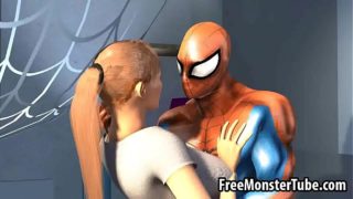 3D blonde babe gets her pussy licked by Spiderman