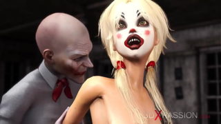 Joker bangs rough a cute sexy blonde in a clown mask in the abandoned room