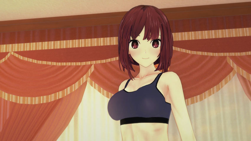 16:9 16:9_aspect_ratio 1girl anime arima_kana before_sex blush happy hentai indoors looking_at_viewer medium_hair open_eyes oshi_no_ko room shoulders smile sports_bra standing teen upper_body