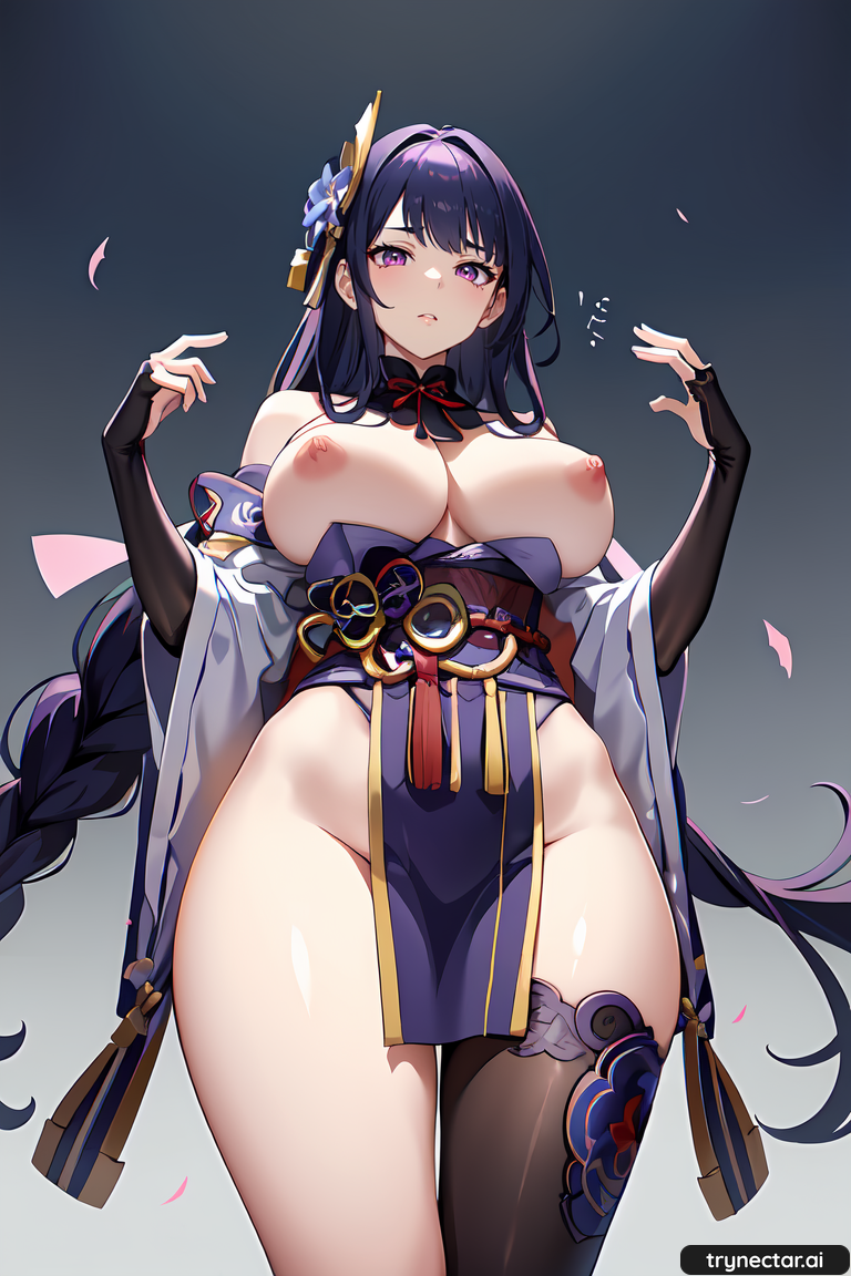 1girl ai ai_generated aiart braid breasts digital_media_(artwork) female_only genshin_impact gradient_background hentai nipples purple_eyes purple_hair raiden_shogun simple_background thick_thighs thighs trynectar.ai uncensored