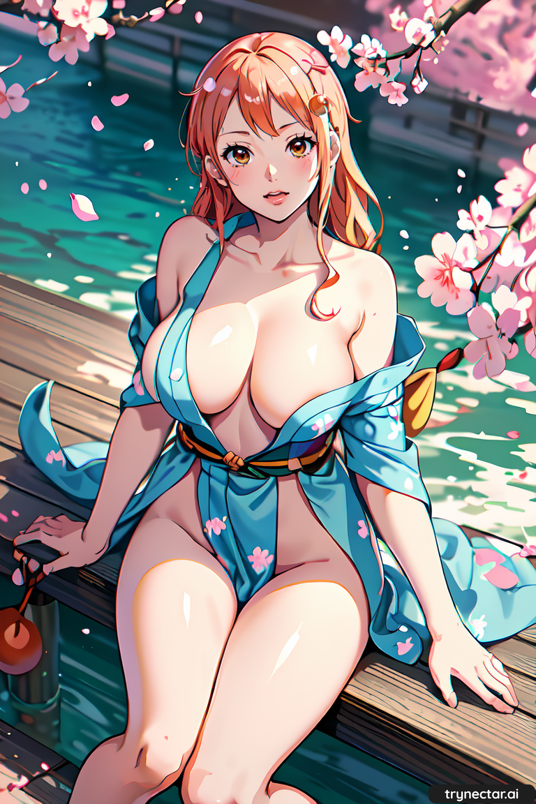 1girl big_breasts cleavage hentai kimono nami no_underwear one_piece orange_eyes orange_hair trynectar.ai waifu2x