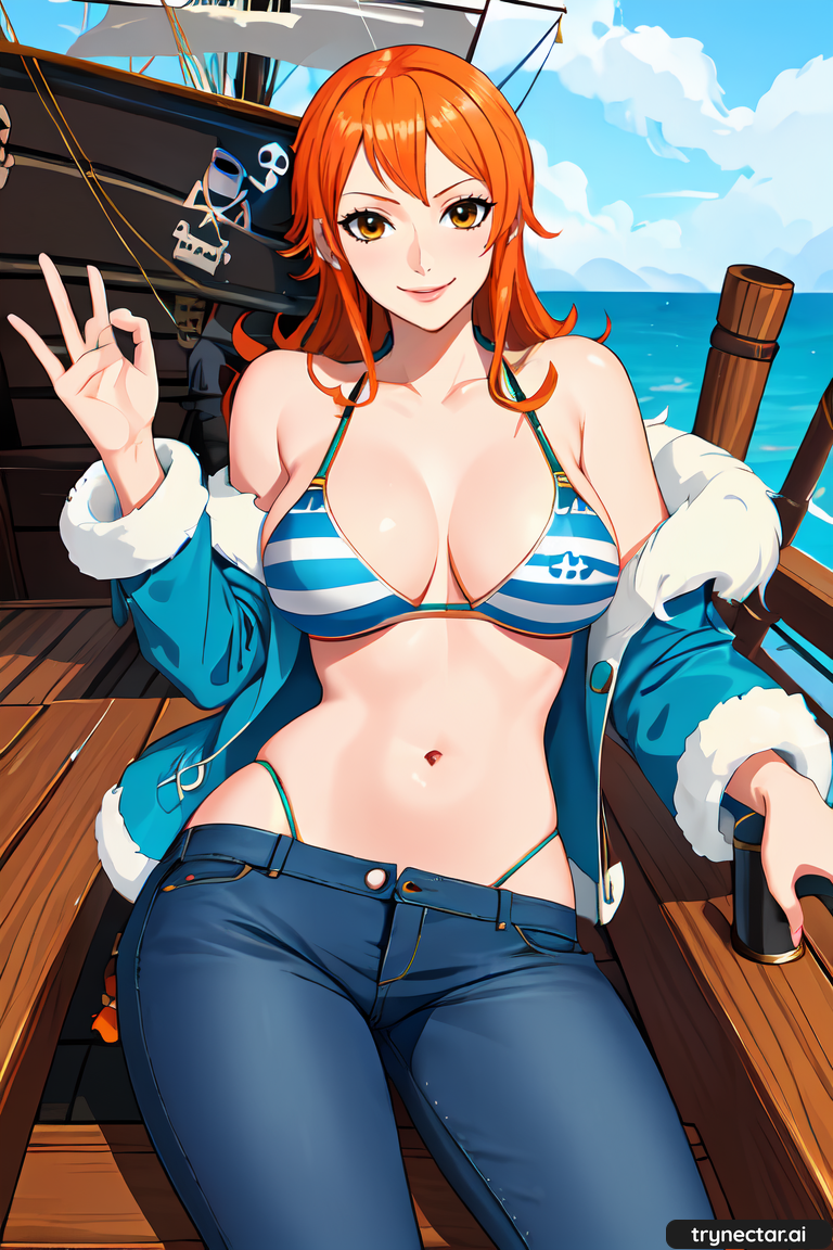 1girl ai_art ai_generated aiartcommunity aigirl anime animewaifu breasts clothed female_only hentai nami nami_(one_piece) nsfw one_piece orange_hair pirate_ship post-timeskip sea ship sky stable_diffusion stablediffusionwaifu trynectar.ai