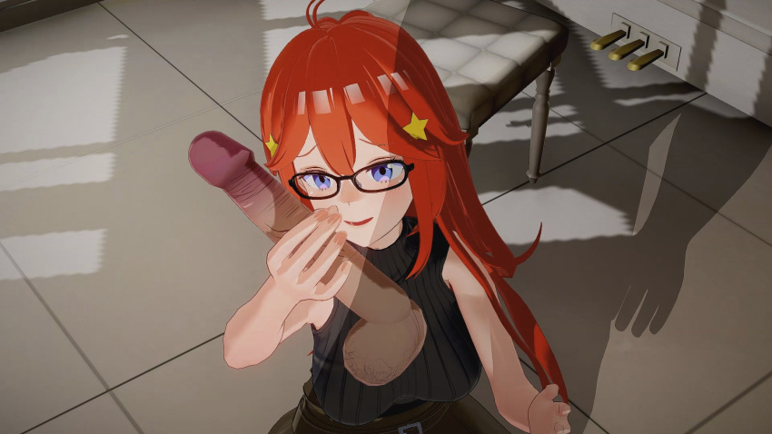 16:9 16:9_aspect_ratio 1boy1girl 1girl1boy anime female_focus glasses go-toubun_no_hanayome handjob hentai indoors light-skinned light-skinned_female light_skin long_hair looking_at_penis nakano_itsuki open_eyes penis penis_grab penis_tip red_hair redhead room star_hair_ornament testicle transparent_male veiny_penis