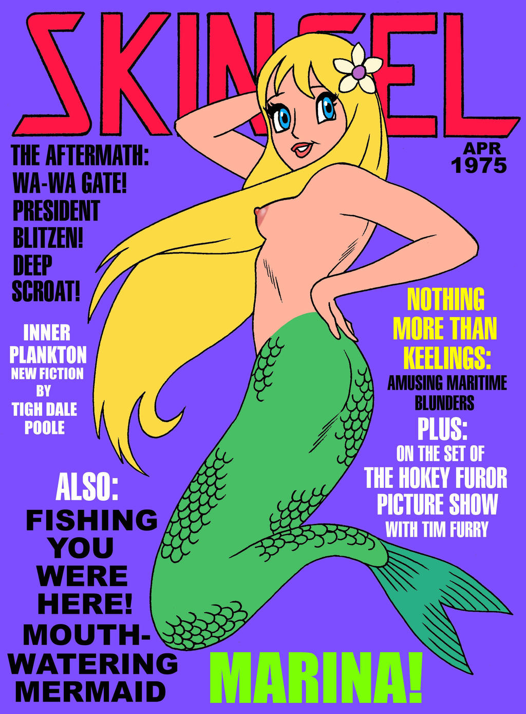 1girl 2020 anime blue_eyes english_text flower flower_in_hair green_scales hair_ornament hans_christian_andersen's_the_little_mermaid kneel long_hair medium_breasts mermaid mermaid_tail princess_marina sexy_body sideboob toonytease topless yellow_hair