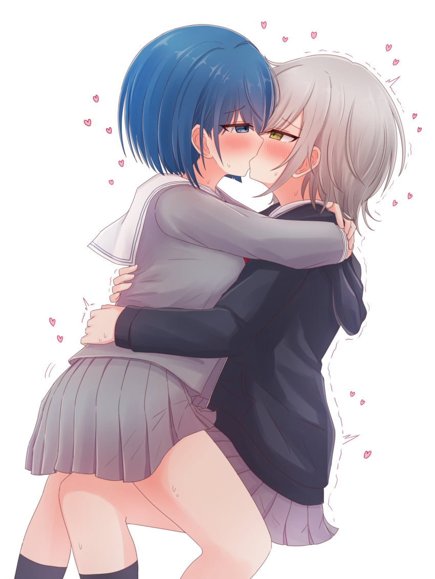 2_girls anime anime_style blue_eyes blue_hair blush gray_hair green_eyes heart hinomori_shiho hugging kiritani_haruka kissing love project_sekai sexy sexy_pose skirt yuri