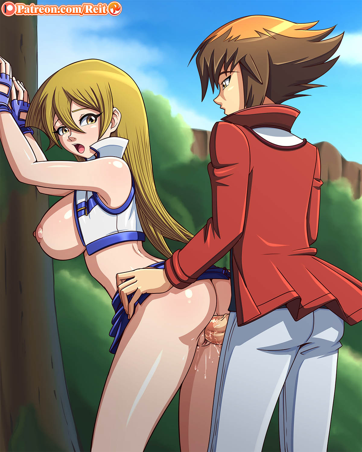 alexis_rhodes anime asuka_tenjouin big_breasts blonde_hair breasts_out_of_clothes huge_breasts jaden_yuki long_hair looking_back obelisk_blue obelisk_blue_uniform outdoor_sex reit sideboob tenjouin_asuka vaginal vaginal_penetration yellow_eyes yu-gi-oh! yu-gi-oh!_gx yuu-gi-ou yuu-gi-ou_gx