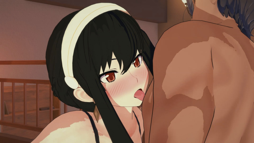 16:9 1boy1girl 1girl1boy anime black_bra black_hair blush earrings hentai indoors licking_nipples light-skinned light-skinned_female light_skin looking_pleasured open_eyes room shoulders spy_x_family tongue tongue_out yor_briar yor_forger