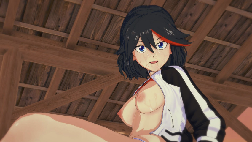 16:9 1girl anime black_hair blue_eyes breasts cum cum_on_breasts cum_on_face dark_hair erect_nipples female_focus happy hentai indoors jacket light-skinned_female light_skin looking_at_viewer looking_pleasured matoi_ryuuko medium_breasts medium_hair nipples open_eyes open_mouth partially_clothed