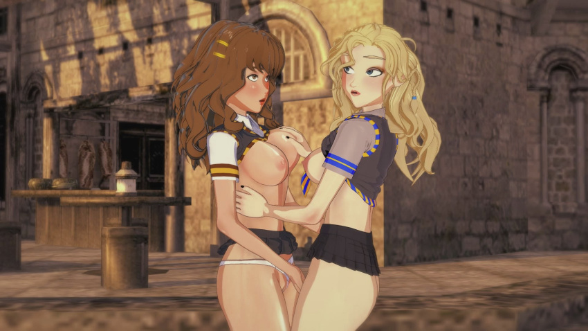 16:9 2_girls anime big_breasts big_breasts black_nails blonde blonde_hair blush breasts hand_on_breast hentai hermione_granger light-skinned light-skinned_female light_skin long_hair looking_at_partner looking_pleasured luna_lovegood outside painted_nails panties school_uniform skirt skirt_lift standing teen white_panties yuri yuri yuri