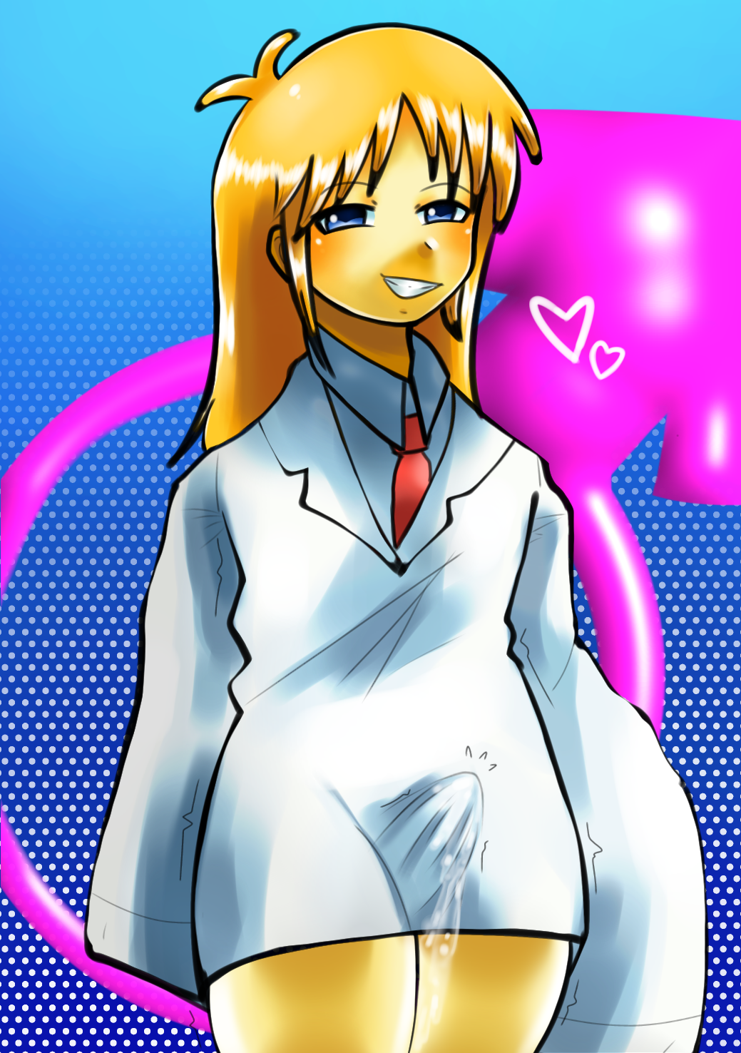 1boy aged_up anime blonde_hair blue_background blue_eyes boner coat cumming_penis erection_under_clothes femboy genderswap genderswap_(ftm) long_hair long_hair_male male male_only mars_symbol nichijou otoko_no_ko polka_dot_background professor_shinonome rule_63 tight tight_fit tights tokosamq trap young_adult