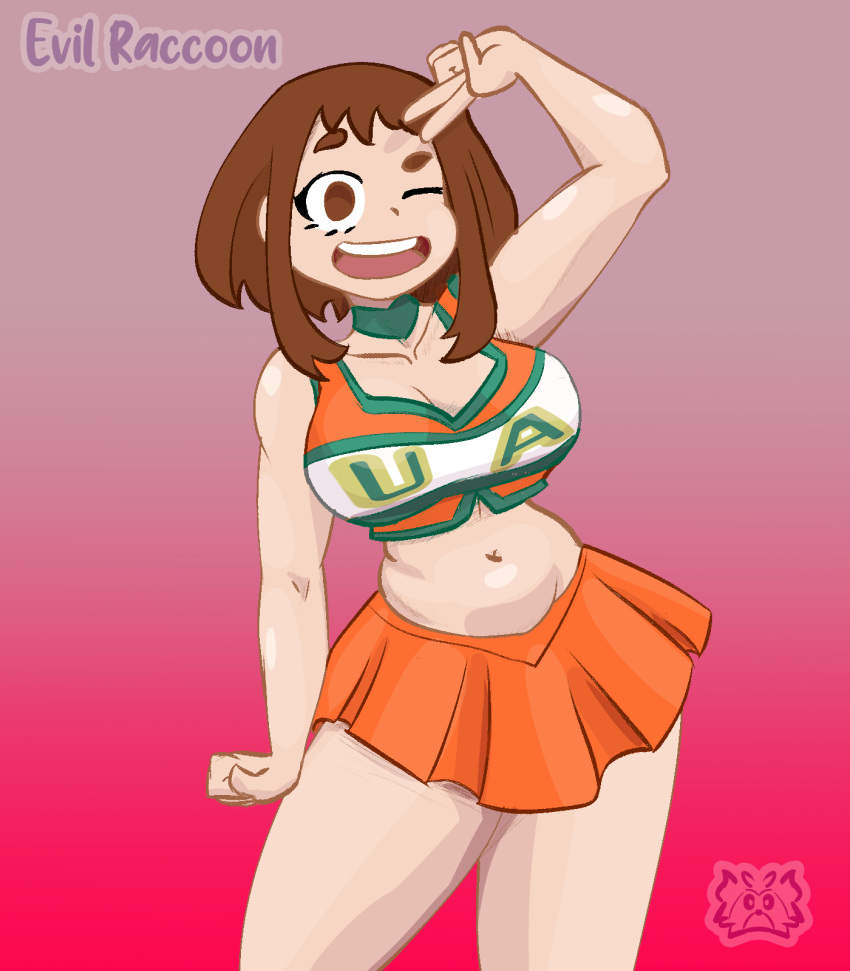 1girl anime belly big_ass big_breasts boku_no_hero_academia brown_eyes brown_hair cheerleader chubby evil_raccoon female_only light-skinned_female light_skin my_hero_academia ochako_uraraka one_eye_closed short_hair smile smiling_at_viewer thick thick_thighs uraraka_ochako v