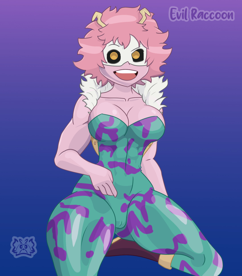 abs anime ashido_mina big_breasts boku_no_hero_academia evil_raccoon mina_ashido my_hero_academia pink_hair pink_skin superheroine tight_clothing yellow_eyes