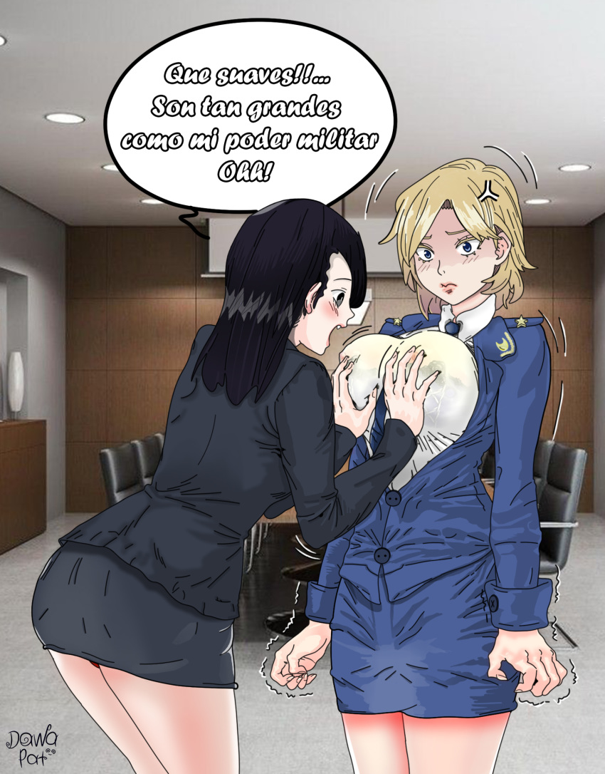 2_girls adult anime big_ass big_breasts blonde blonde_hair bra commission dawa_pat flushed illustration kim_yo-jong korean masturbation meme military military_uniform natalia_poklonskaya nipples nsfw rusia senos sosten uniform