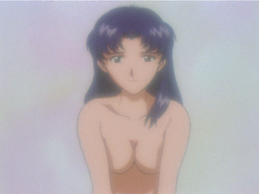 anime blue_eyes breasts canon canonical_scene close-up green_eyes long_hair misato_katsuragi neon_genesis_evangelion nipples nude purple_hair screenshot